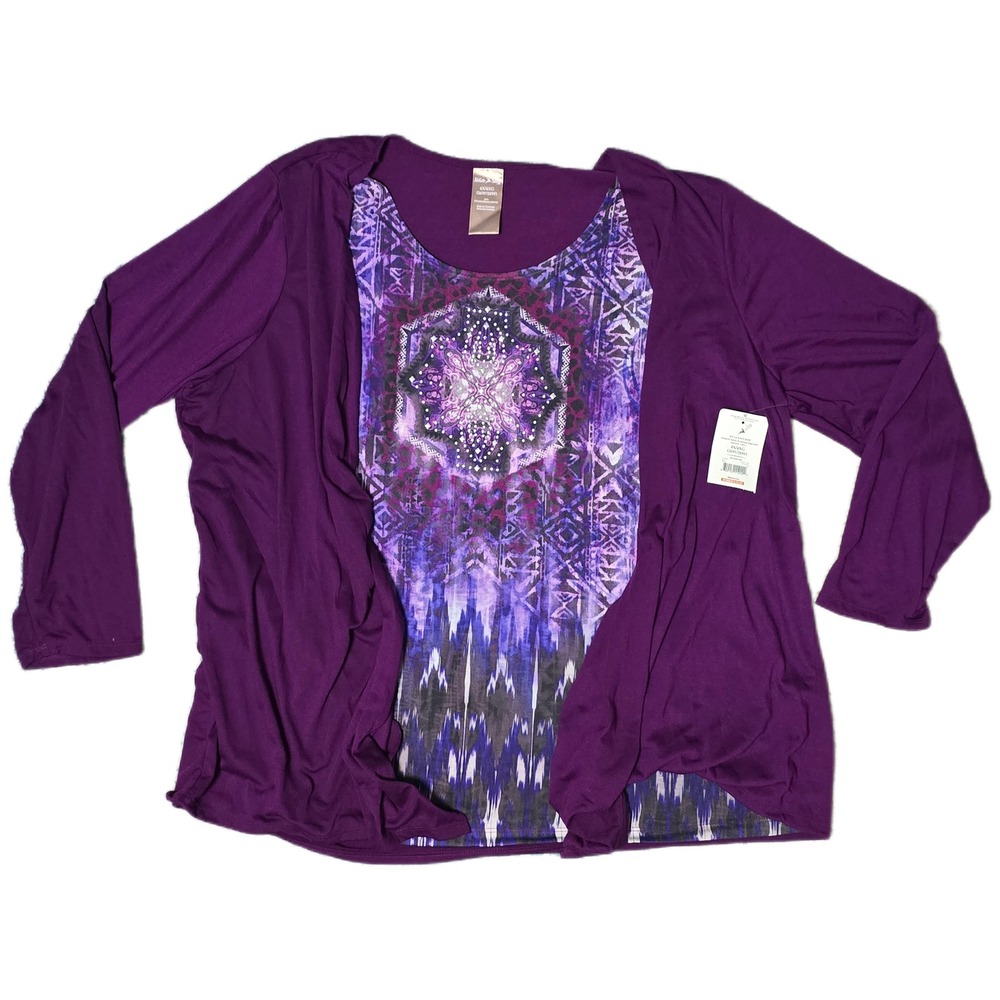 Women's Plus Size 4X/4XG Purple Embellished Knit‎ 2fer Long Sleeve Top NWT (T)